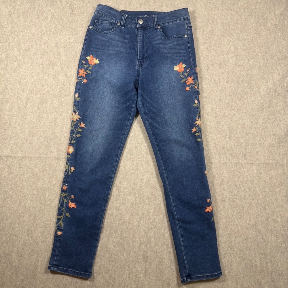 DG2 by Diane Gilman Women's Floral Embroidered Skinny Jeans Medium Wash Denim